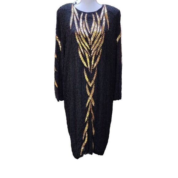 Carina Pure Silk Black Gold Sequined Dress 3X - Picture 1 of 13